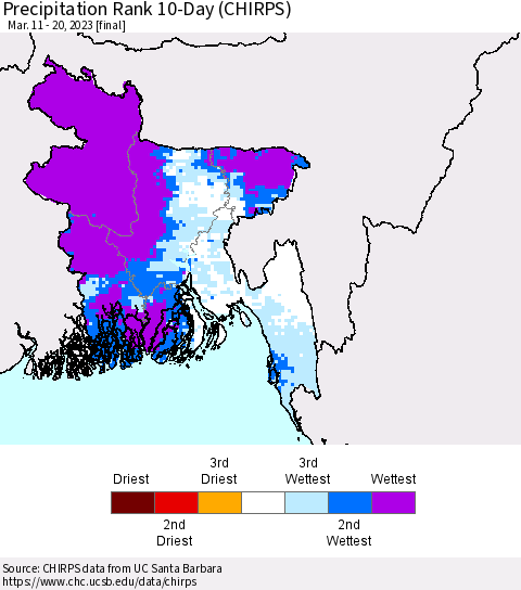Bangladesh Precipitation Rank since 1981, 10-Day (CHIRPS) Thematic Map For 3/11/2023 - 3/20/2023