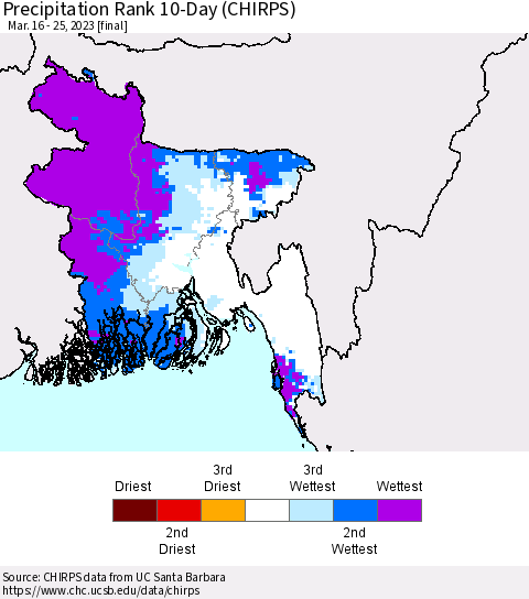 Bangladesh Precipitation Rank since 1981, 10-Day (CHIRPS) Thematic Map For 3/16/2023 - 3/25/2023