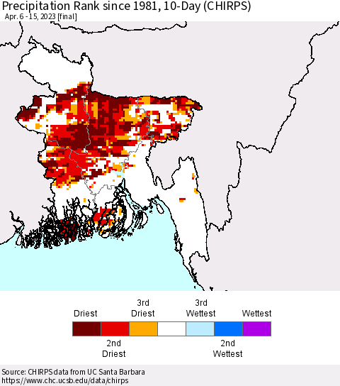 Bangladesh Precipitation Rank since 1981, 10-Day (CHIRPS) Thematic Map For 4/6/2023 - 4/15/2023