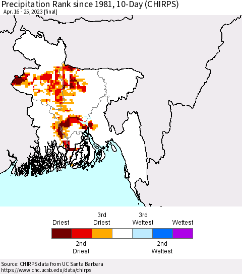 Bangladesh Precipitation Rank since 1981, 10-Day (CHIRPS) Thematic Map For 4/16/2023 - 4/25/2023