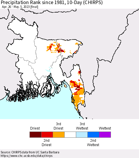 Bangladesh Precipitation Rank since 1981, 10-Day (CHIRPS) Thematic Map For 4/26/2023 - 5/5/2023