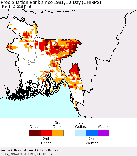 Bangladesh Precipitation Rank since 1981, 10-Day (CHIRPS) Thematic Map For 5/1/2023 - 5/10/2023