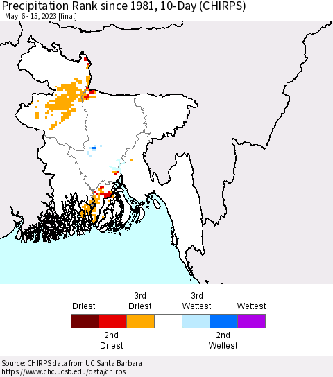 Bangladesh Precipitation Rank since 1981, 10-Day (CHIRPS) Thematic Map For 5/6/2023 - 5/15/2023
