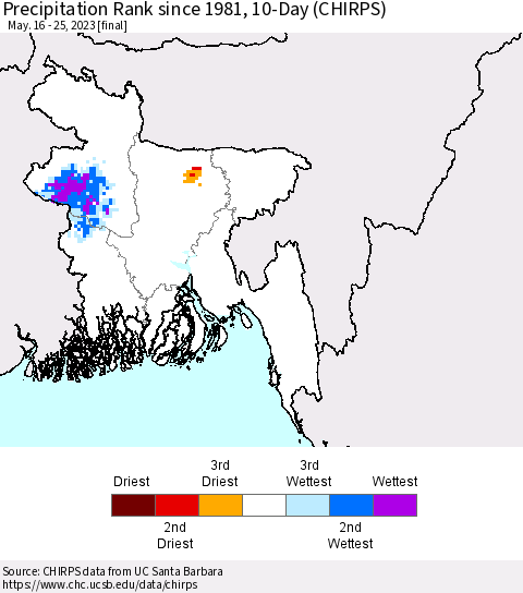 Bangladesh Precipitation Rank since 1981, 10-Day (CHIRPS) Thematic Map For 5/16/2023 - 5/25/2023