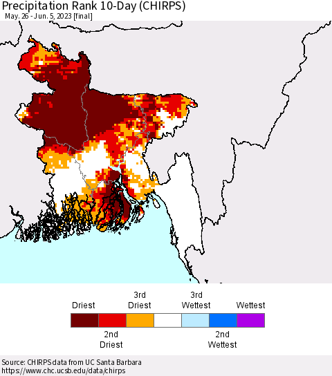 Bangladesh Precipitation Rank since 1981, 10-Day (CHIRPS) Thematic Map For 5/26/2023 - 6/5/2023