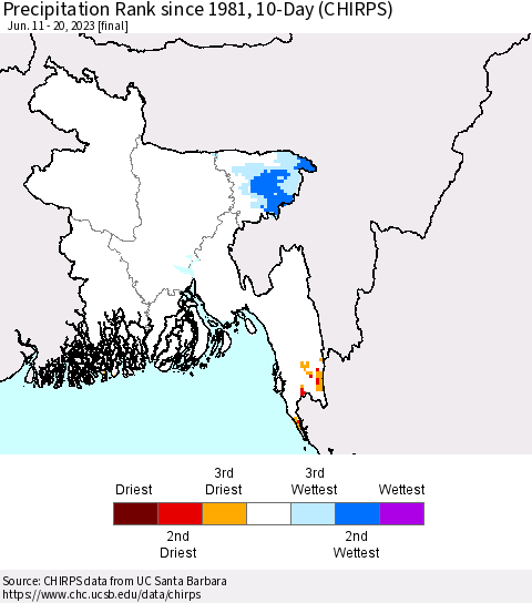 Bangladesh Precipitation Rank since 1981, 10-Day (CHIRPS) Thematic Map For 6/11/2023 - 6/20/2023