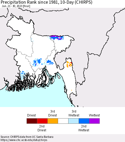 Bangladesh Precipitation Rank since 1981, 10-Day (CHIRPS) Thematic Map For 6/21/2023 - 6/30/2023