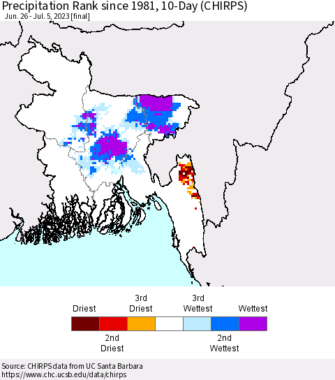 Bangladesh Precipitation Rank since 1981, 10-Day (CHIRPS) Thematic Map For 6/26/2023 - 7/5/2023
