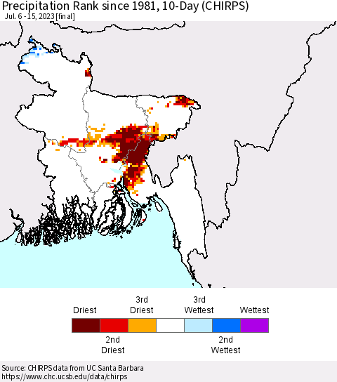 Bangladesh Precipitation Rank since 1981, 10-Day (CHIRPS) Thematic Map For 7/6/2023 - 7/15/2023