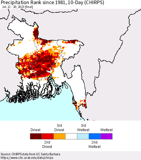 Bangladesh Precipitation Rank since 1981, 10-Day (CHIRPS) Thematic Map For 7/11/2023 - 7/20/2023