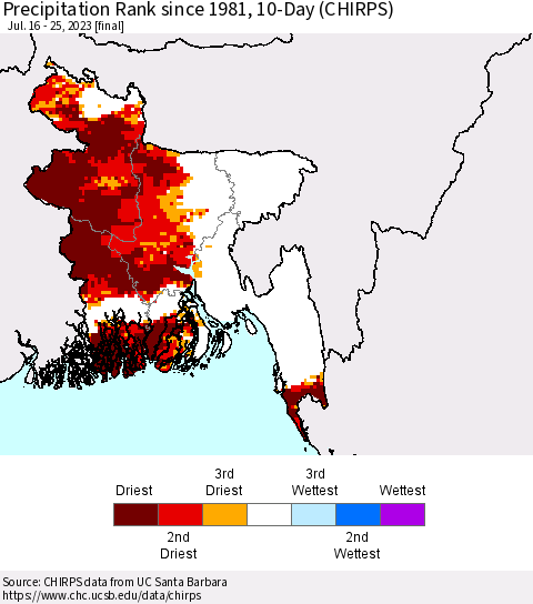Bangladesh Precipitation Rank since 1981, 10-Day (CHIRPS) Thematic Map For 7/16/2023 - 7/25/2023