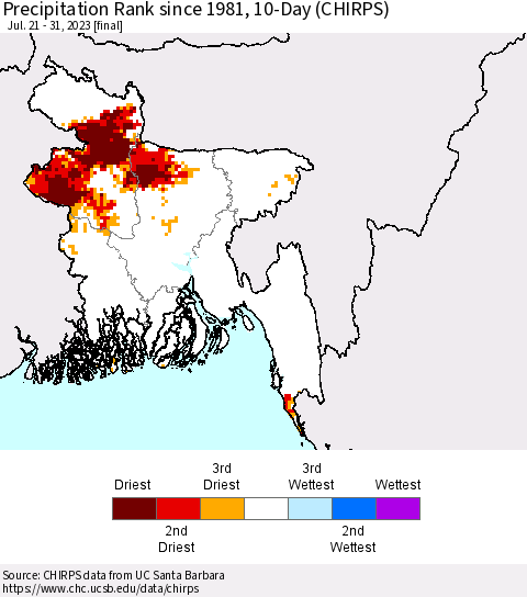 Bangladesh Precipitation Rank since 1981, 10-Day (CHIRPS) Thematic Map For 7/21/2023 - 7/31/2023