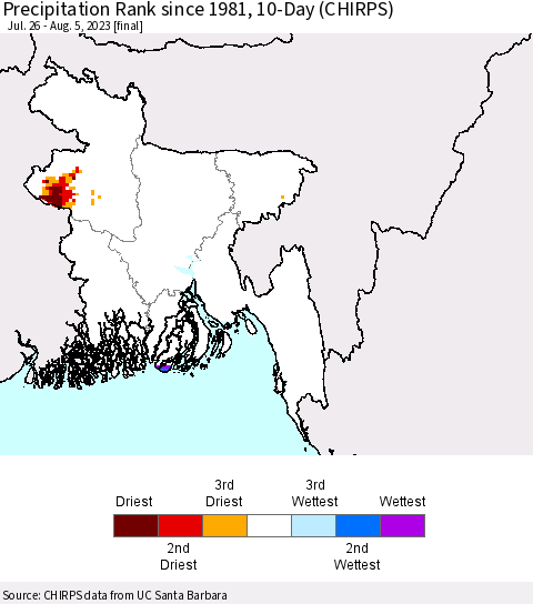 Bangladesh Precipitation Rank since 1981, 10-Day (CHIRPS) Thematic Map For 7/26/2023 - 8/5/2023