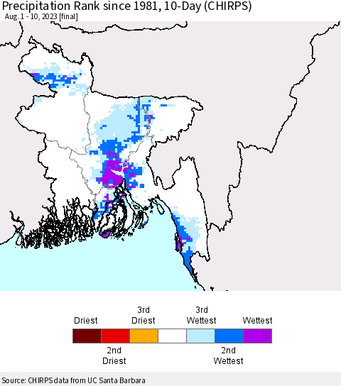 Bangladesh Precipitation Rank since 1981, 10-Day (CHIRPS) Thematic Map For 8/1/2023 - 8/10/2023