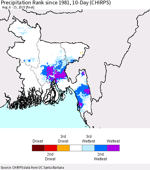 Bangladesh Precipitation Rank since 1981, 10-Day (CHIRPS) Thematic Map For 8/6/2023 - 8/15/2023