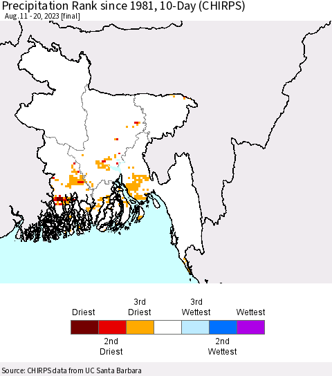 Bangladesh Precipitation Rank since 1981, 10-Day (CHIRPS) Thematic Map For 8/11/2023 - 8/20/2023