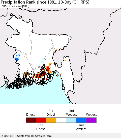 Bangladesh Precipitation Rank since 1981, 10-Day (CHIRPS) Thematic Map For 8/16/2023 - 8/25/2023