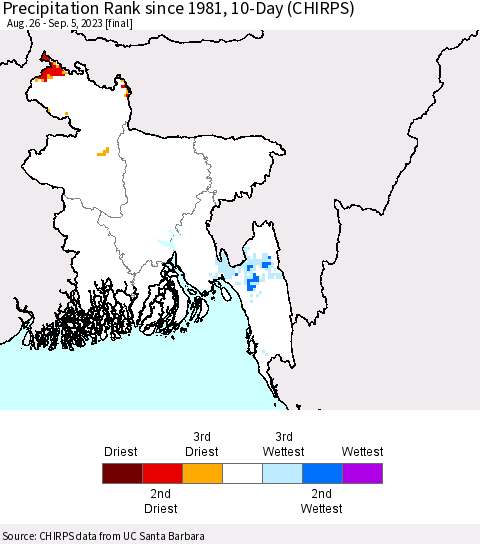 Bangladesh Precipitation Rank since 1981, 10-Day (CHIRPS) Thematic Map For 8/26/2023 - 9/5/2023