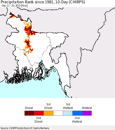 Bangladesh Precipitation Rank since 1981, 10-Day (CHIRPS) Thematic Map For 9/11/2023 - 9/20/2023