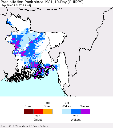 Bangladesh Precipitation Rank since 1981, 10-Day (CHIRPS) Thematic Map For 9/26/2023 - 10/5/2023