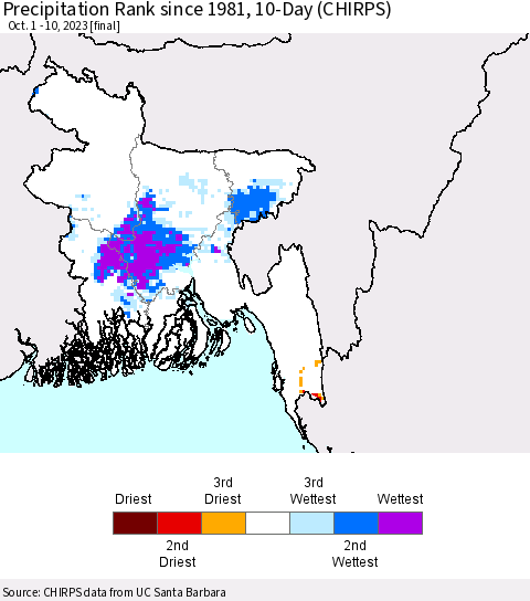 Bangladesh Precipitation Rank since 1981, 10-Day (CHIRPS) Thematic Map For 10/1/2023 - 10/10/2023
