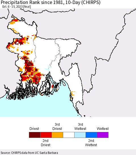 Bangladesh Precipitation Rank since 1981, 10-Day (CHIRPS) Thematic Map For 10/6/2023 - 10/15/2023