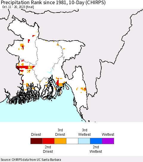 Bangladesh Precipitation Rank since 1981, 10-Day (CHIRPS) Thematic Map For 10/11/2023 - 10/20/2023