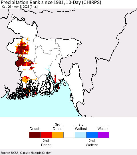 Bangladesh Precipitation Rank since 1981, 10-Day (CHIRPS) Thematic Map For 10/26/2023 - 11/5/2023