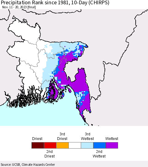 Bangladesh Precipitation Rank since 1981, 10-Day (CHIRPS) Thematic Map For 11/11/2023 - 11/20/2023