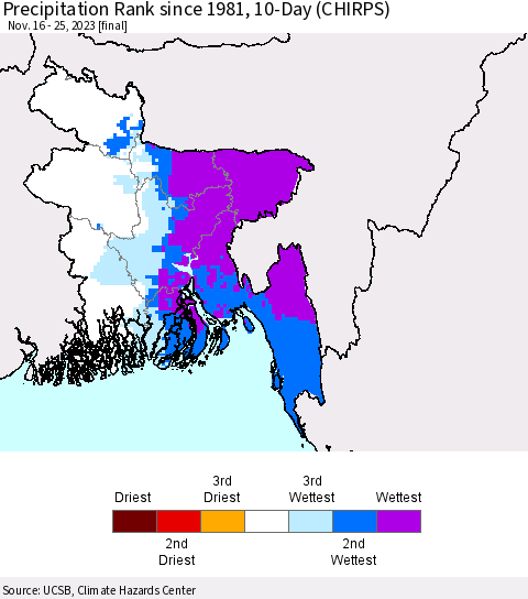 Bangladesh Precipitation Rank since 1981, 10-Day (CHIRPS) Thematic Map For 11/16/2023 - 11/25/2023