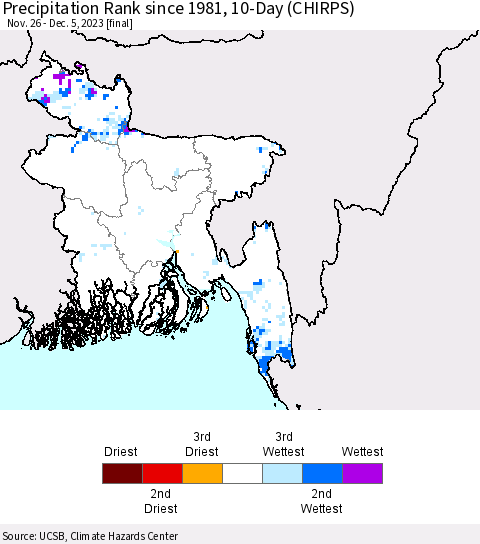 Bangladesh Precipitation Rank since 1981, 10-Day (CHIRPS) Thematic Map For 11/26/2023 - 12/5/2023