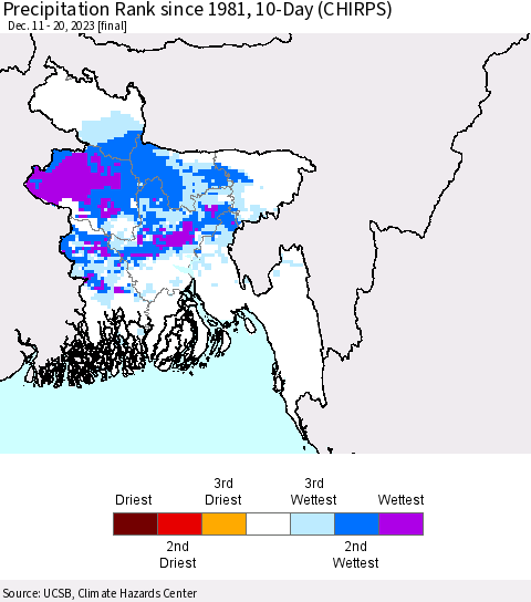 Bangladesh Precipitation Rank since 1981, 10-Day (CHIRPS) Thematic Map For 12/11/2023 - 12/20/2023