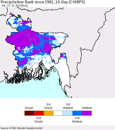 Bangladesh Precipitation Rank since 1981, 10-Day (CHIRPS) Thematic Map For 12/16/2023 - 12/25/2023