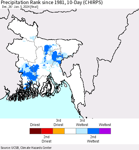 Bangladesh Precipitation Rank since 1981, 10-Day (CHIRPS) Thematic Map For 12/26/2023 - 1/5/2024