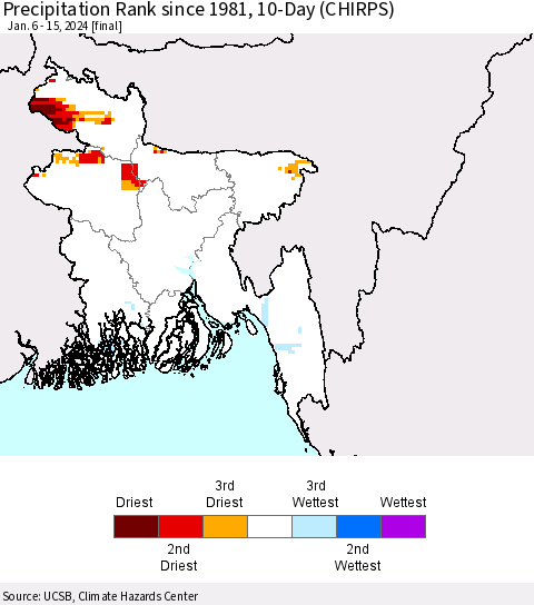 Bangladesh Precipitation Rank since 1981, 10-Day (CHIRPS) Thematic Map For 1/6/2024 - 1/15/2024