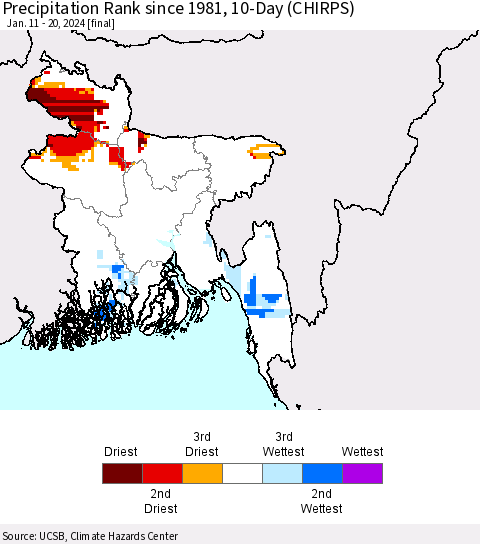 Bangladesh Precipitation Rank since 1981, 10-Day (CHIRPS) Thematic Map For 1/11/2024 - 1/20/2024