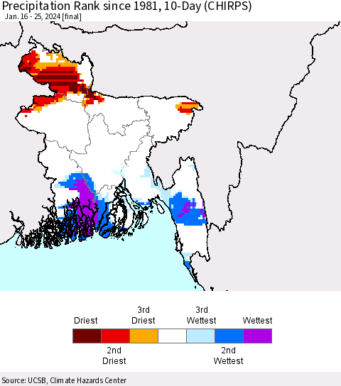 Bangladesh Precipitation Rank since 1981, 10-Day (CHIRPS) Thematic Map For 1/16/2024 - 1/25/2024