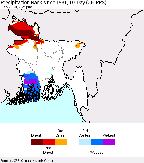 Bangladesh Precipitation Rank since 1981, 10-Day (CHIRPS) Thematic Map For 1/21/2024 - 1/31/2024