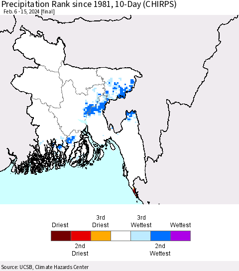 Bangladesh Precipitation Rank since 1981, 10-Day (CHIRPS) Thematic Map For 2/6/2024 - 2/15/2024
