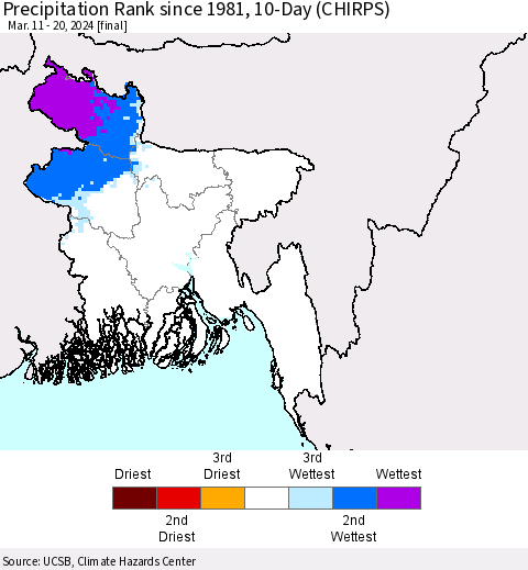Bangladesh Precipitation Rank since 1981, 10-Day (CHIRPS) Thematic Map For 3/11/2024 - 3/20/2024