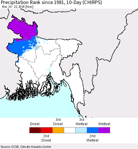 Bangladesh Precipitation Rank since 1981, 10-Day (CHIRPS) Thematic Map For 3/16/2024 - 3/25/2024