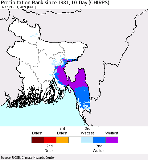 Bangladesh Precipitation Rank since 1981, 10-Day (CHIRPS) Thematic Map For 3/21/2024 - 3/31/2024