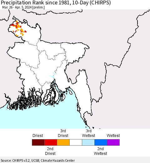 Bangladesh Precipitation Rank since 1981, 10-Day (CHIRPS) Thematic Map For 3/26/2024 - 4/5/2024