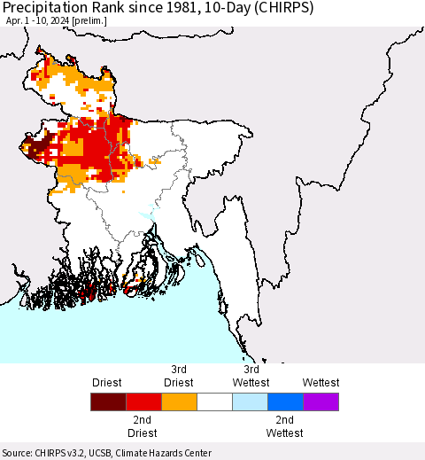 Bangladesh Precipitation Rank since 1981, 10-Day (CHIRPS) Thematic Map For 4/1/2024 - 4/10/2024