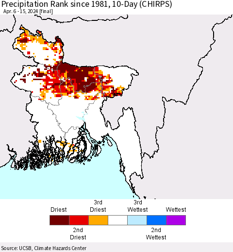 Bangladesh Precipitation Rank since 1981, 10-Day (CHIRPS) Thematic Map For 4/6/2024 - 4/15/2024