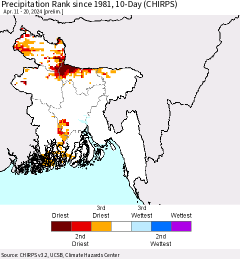 Bangladesh Precipitation Rank since 1981, 10-Day (CHIRPS) Thematic Map For 4/11/2024 - 4/20/2024