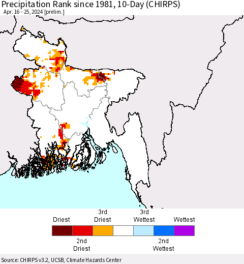 Bangladesh Precipitation Rank since 1981, 10-Day (CHIRPS) Thematic Map For 4/16/2024 - 4/25/2024