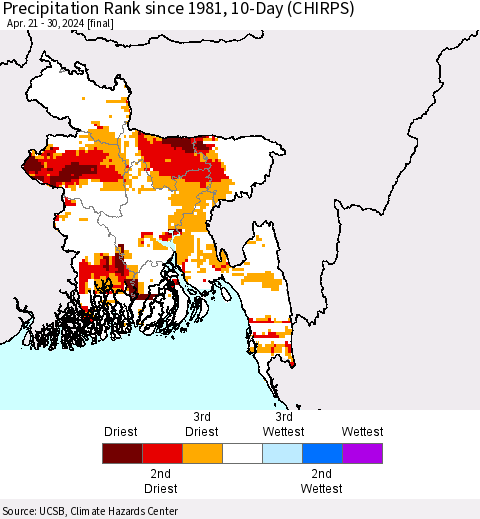 Bangladesh Precipitation Rank since 1981, 10-Day (CHIRPS) Thematic Map For 4/21/2024 - 4/30/2024