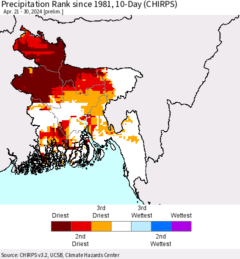 Bangladesh Precipitation Rank since 1981, 10-Day (CHIRPS) Thematic Map For 4/21/2024 - 4/30/2024