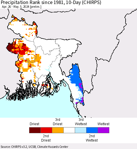 Bangladesh Precipitation Rank since 1981, 10-Day (CHIRPS) Thematic Map For 4/26/2024 - 5/5/2024